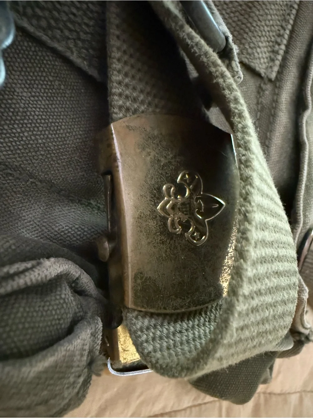 US Military Vintage M-17 Gas Mask Bag OG 107 w/ Boy Scout Belt and Brass Awards